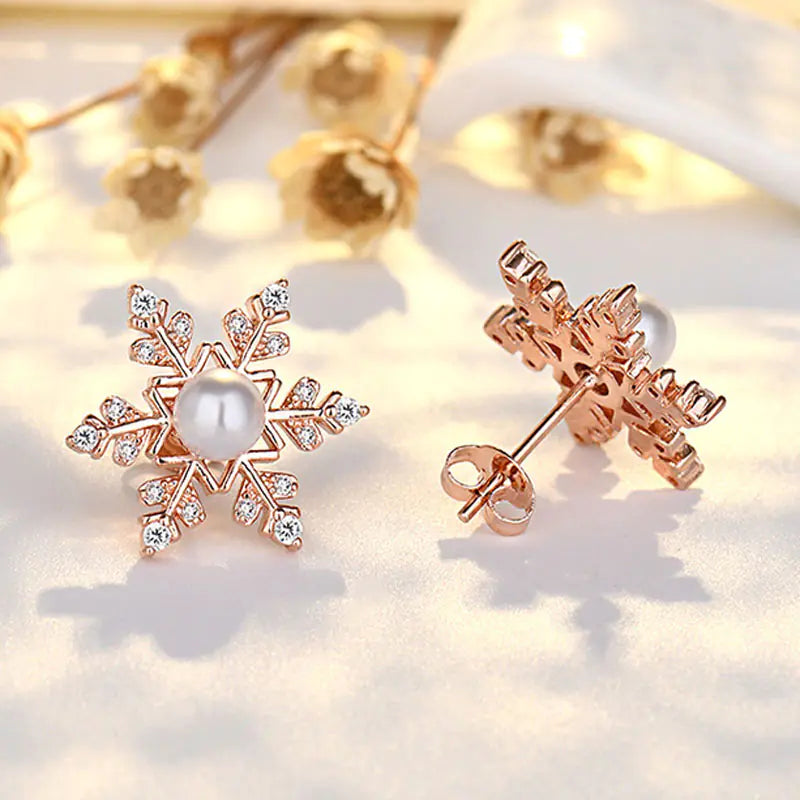 Sterling Silver Snowflake Earrings with Zircon and Pearl