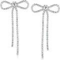 Sparkly Dangling Silver Bow Long Silver Earrings