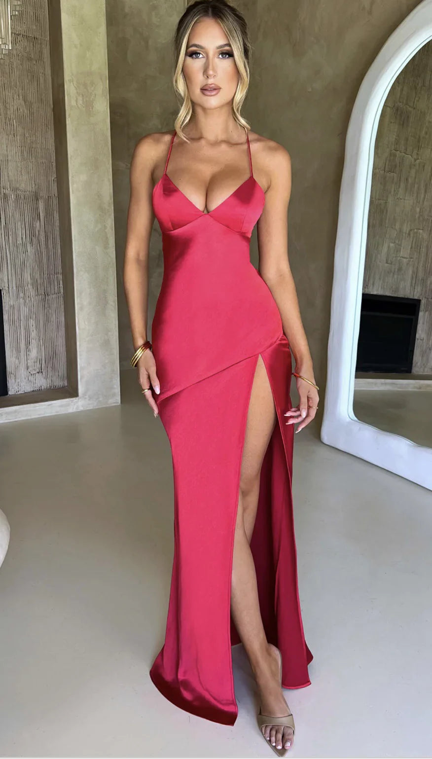 V-Neck Satin Split Maxi Dress