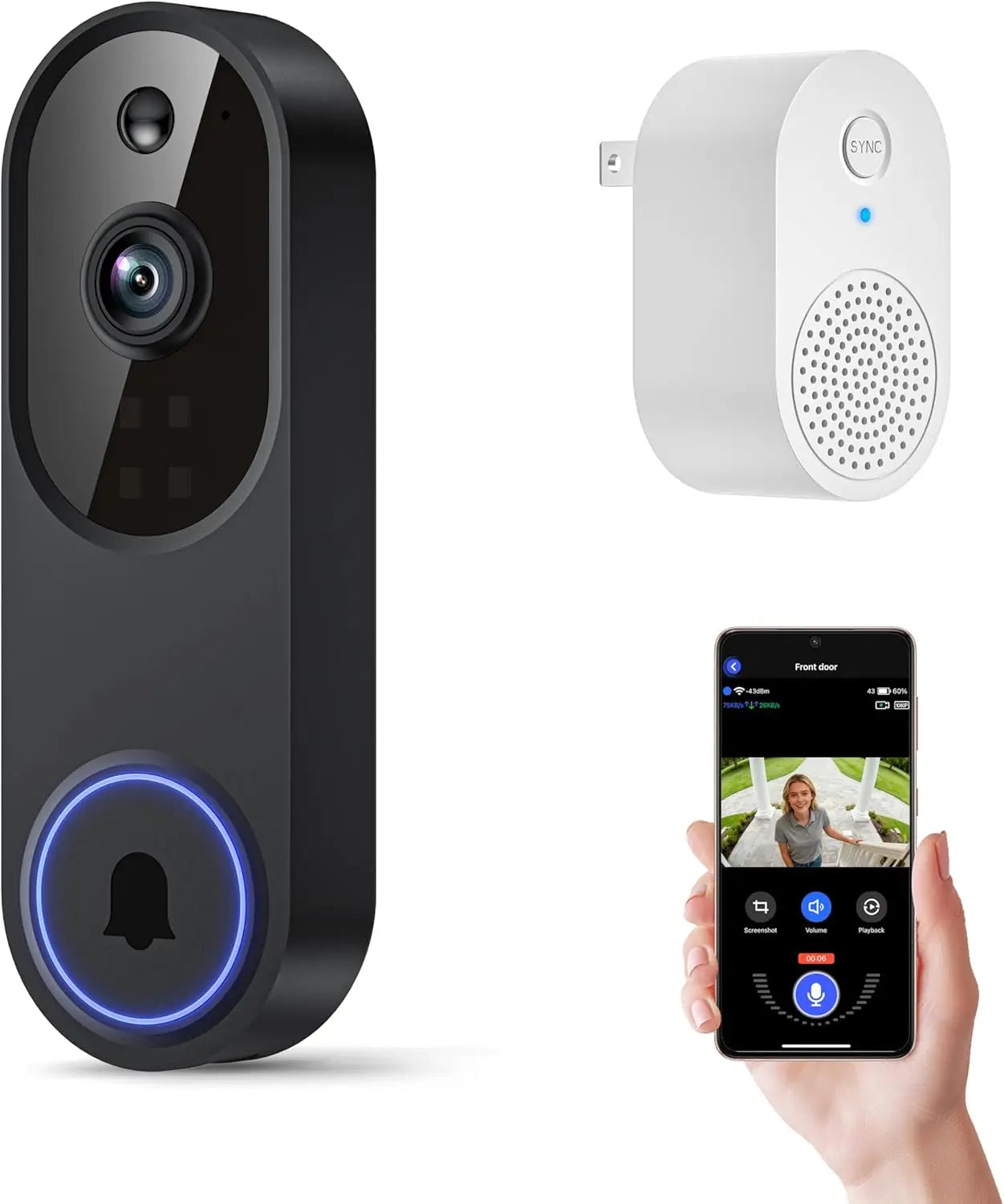 1080p Wireless Wi-Fi Video Doorbell Camera with Two-Way Audio, Night Vision, Cloud Storage, AI Motion Detection, 2.4GHz Wi-Fi