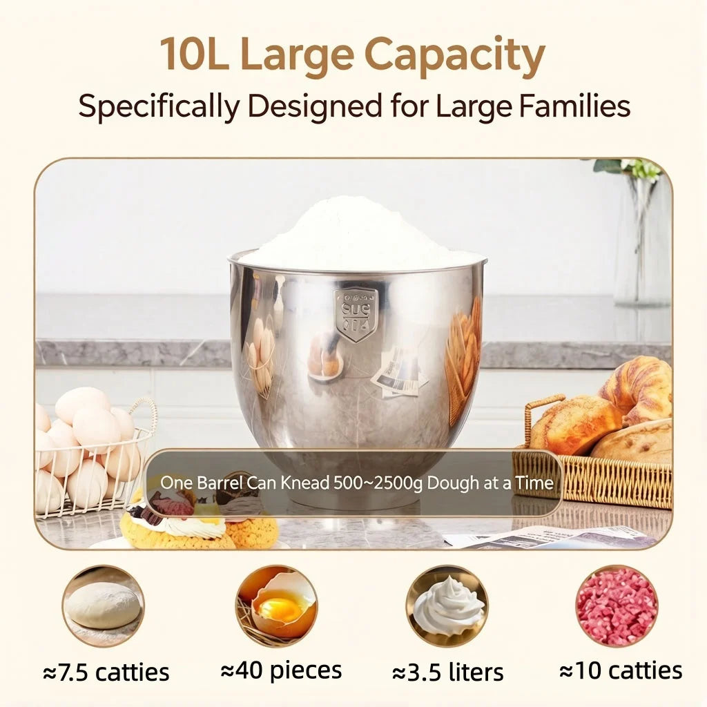 SUNATUR 10L Stand Mixer 2200W, 304 Stainless Steel Bowl, 11+P Speed Batidora, Timed Fermentation Dough Kneader, Egg Beater & Mea