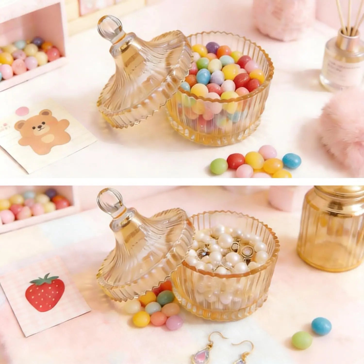 Soft Plush Powder Puff with Clear Glass Container for Body and Face Makeup Application