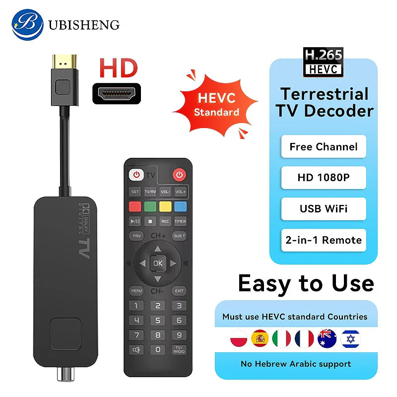 DVB-T2 for Europe,Thailand Mini TV Tuner Full HD 1080P TV Receiver Stick USB2.0 Media Player and PVR Recorder 2-in-1 TV Control