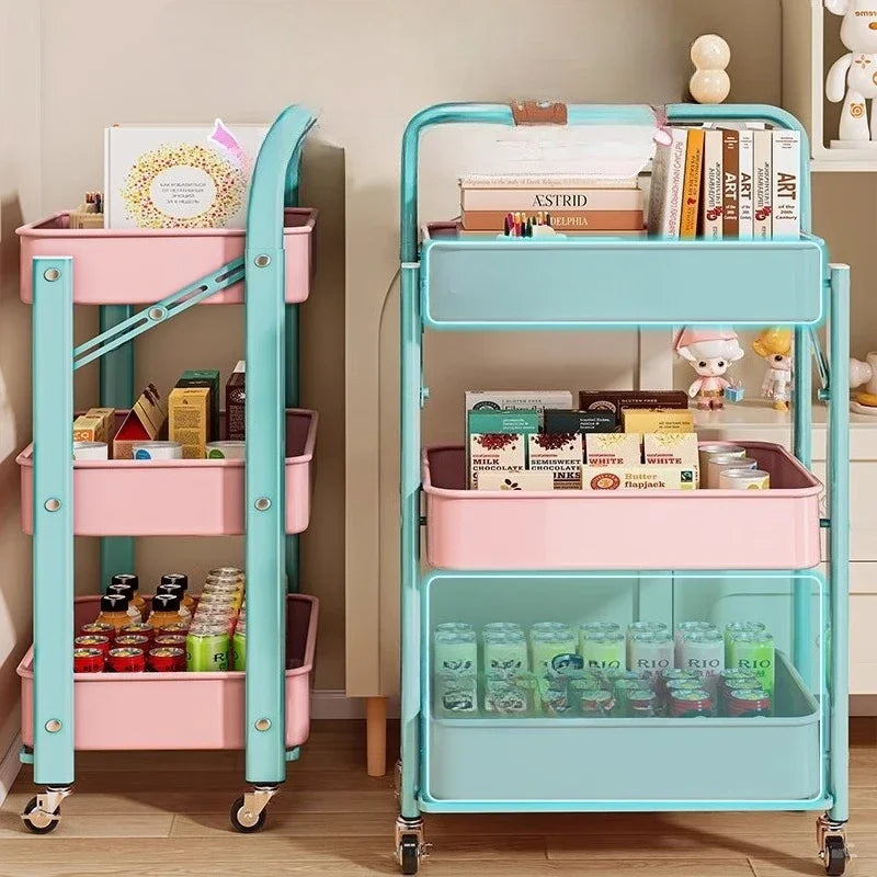 Foldable Multi Tier Rolling Trolley Organizer Cart Kitchen Home Bedroom Books Snacks Portable Storage Cart Wheels Furniture
