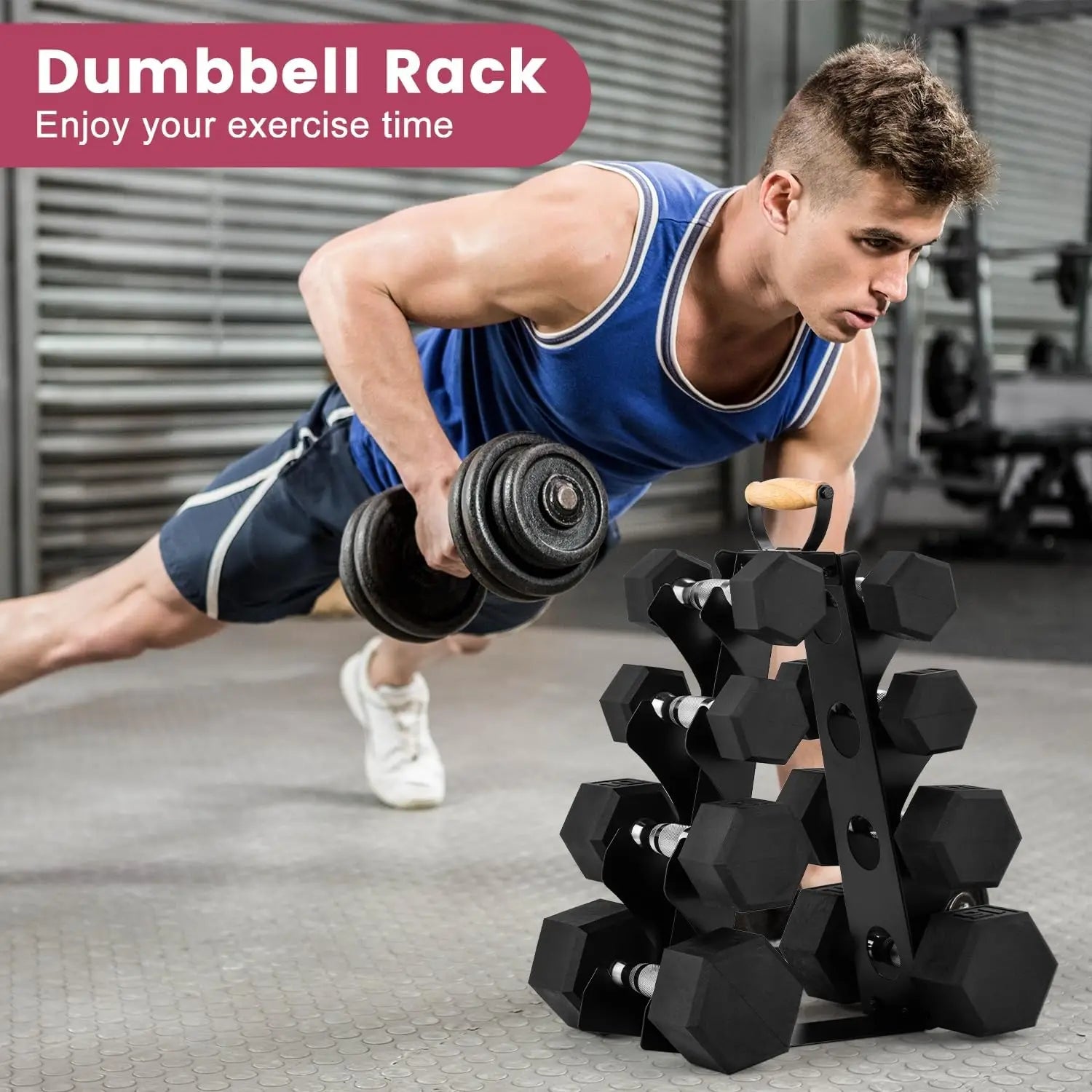 Compact A-Frame Dumbbell Rack Stand with Wooden Handle for Home Gym Storage, Space-Saving Design