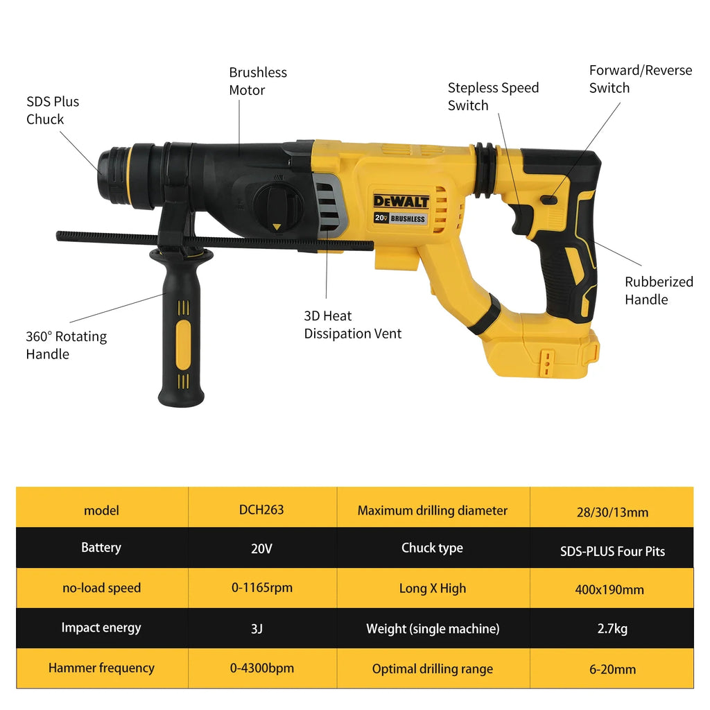 DEWALT DCH263 20V Brushless Wireless Hammer SDS Handle in D Rotary Electric Hammer Concrete Wall Drill Hole Power Tools