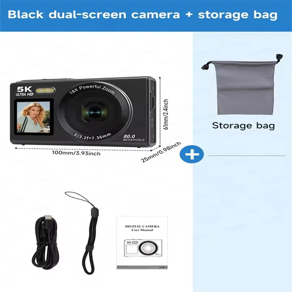 5K Dual Screen Digital Camera 80MP Retro CCD Photographic Cameras 8000W Pixel Auto Focus with 18x Zoom for Kid Adult Photography