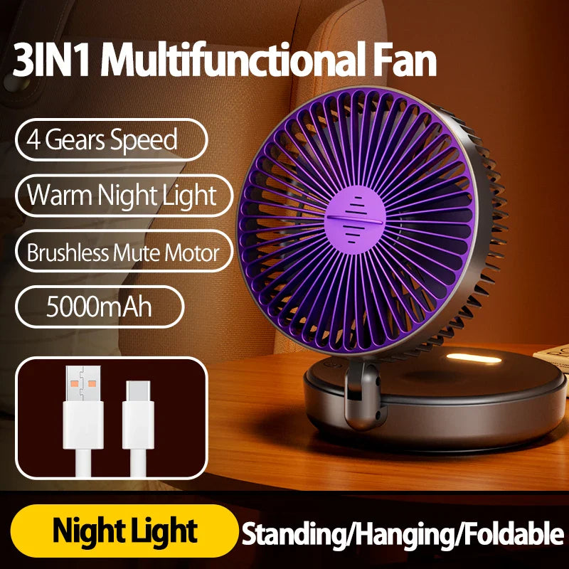 2024 New 3IN1 5000mAh Rechargeable Portable Desktop Fan Wall Mounted Fan 90° Folding USB Fan 4 Gears With Warm Night Light