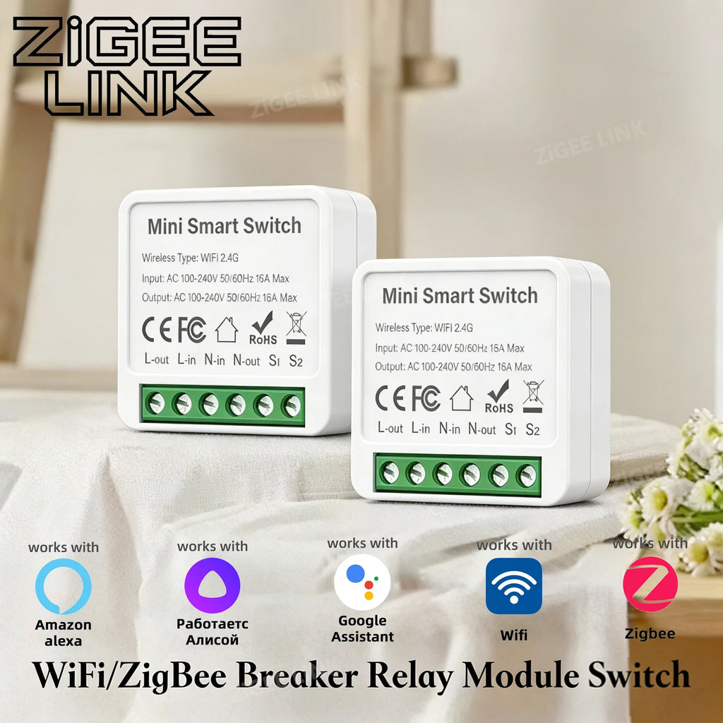 WIFI/ZigBee Smart Mini Smart Light Switch 2 Way Control Breaker Relay 16A Smart Life APP Voice Control For Tuya Alexa Google