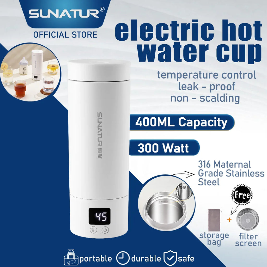 SUNATUR 400ml Electric self heating Cup Portable Thermos Smart Temperature Travel heater tumbler 316L kettle coffee wireless mug