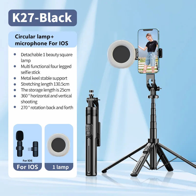Roreta 1.3m Selfie Stick Tripod Stand for iPhone Samsung Huawei Cellphone Extendable Phone Tripod with Wireless Remote