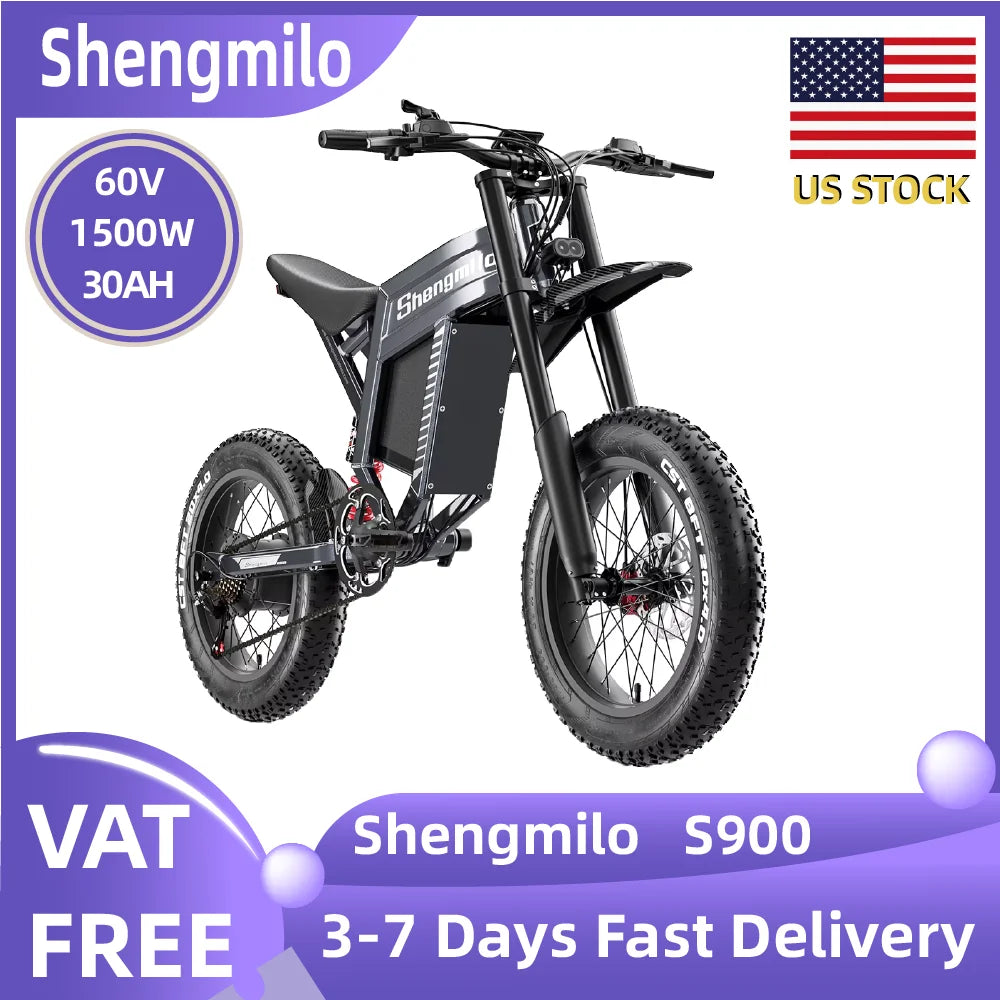 Shengmilo S900 60V30AH Battery electric bicycle,Adult 1500W E-bike Men's E-Mountain ebike , 20" Fat Tire Electric Bike