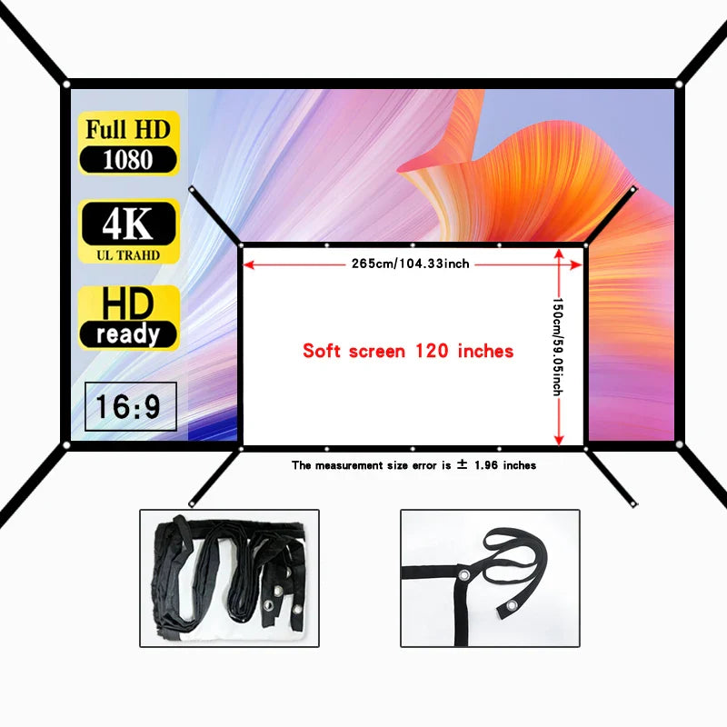 60-150 inch wall mounted foldable projection screen, projector specific soft screen, home theater - extended version