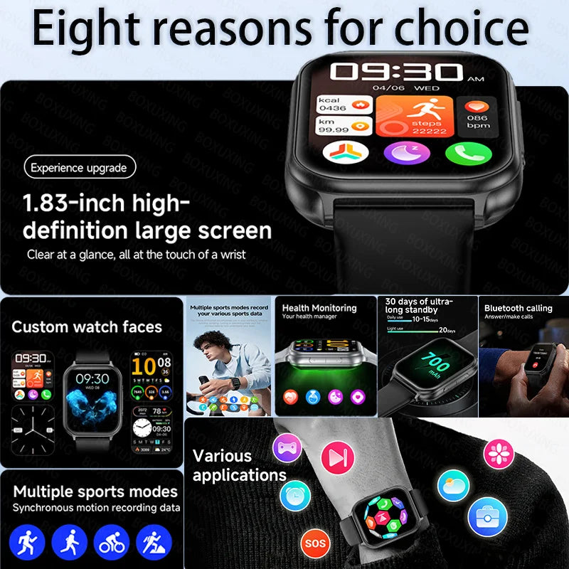 2026 New Fashion 1.83'' Smart Watch Men Women Bluetooth Call Heart Rate Monitor Voice Assistant Multiple Sports Modes Smartwatch