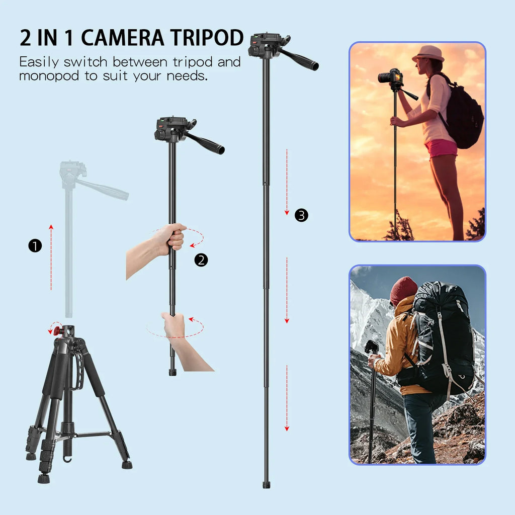 63''/160cm Video Tripod Monopod, 3 Way Pan Tilt Head, Overhead Camera Mount, Horizontal Central Axis, Phone Holder Compatible wi