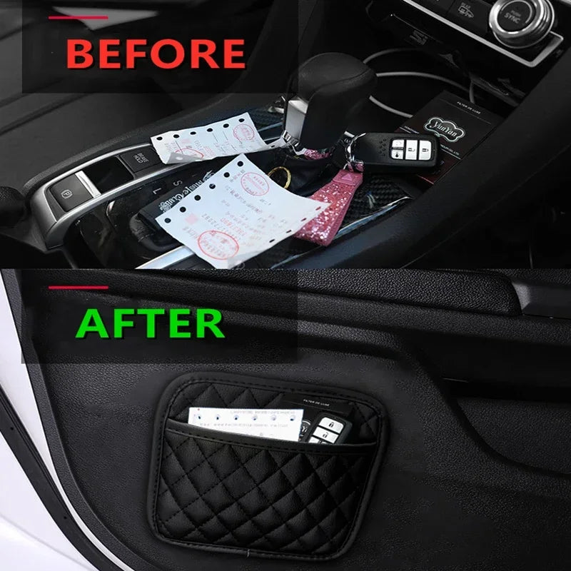1Pc Car Adhesive Organizers Pocket Bags PU Leather Car Storage Box Collecting Bag For Cards Phone Key Car Interior Universal