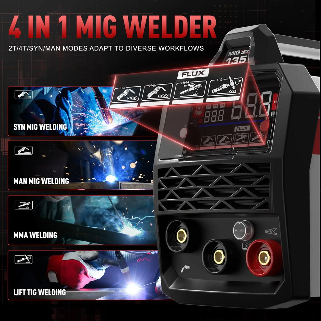 135A 3-in-1 MIG Welder, 110V/220V Dual Voltage with LED Display, Full Kit Includes Helmet & Gloves