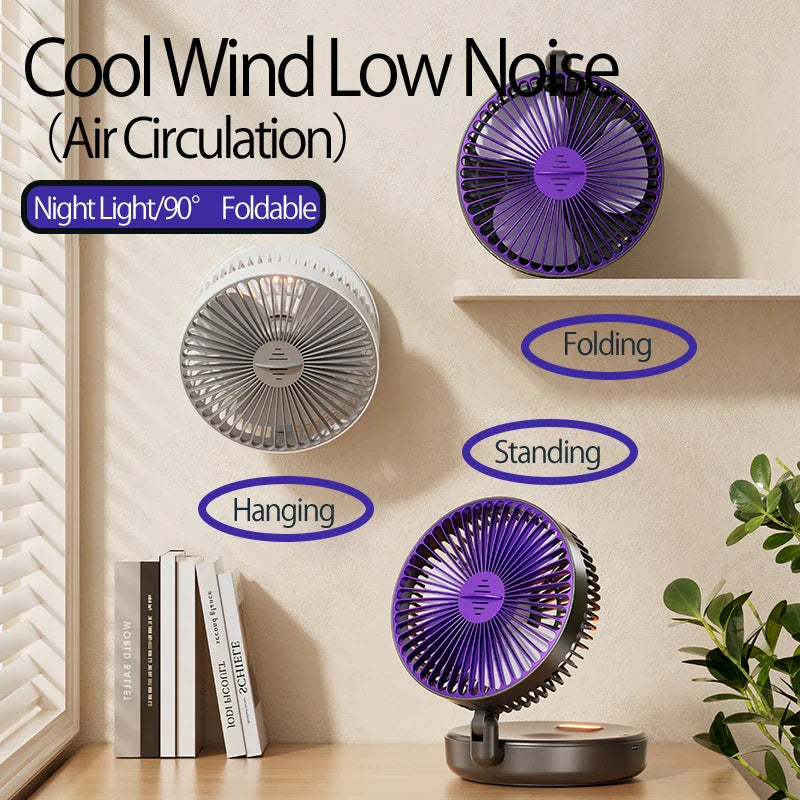 2024 New 5000mAh Rechargeable 3IN1 Multifunctional Portable Fan Wall Mounted Fan 90° Folding Fan 4 Gears With Warm Night Light