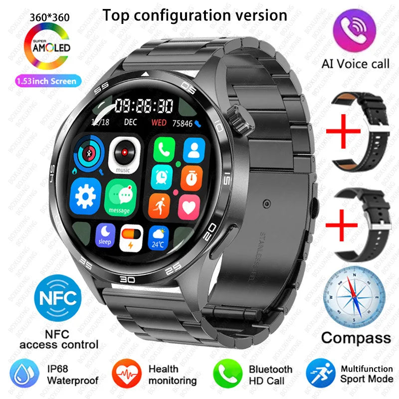 BOXUXING 2026 New Smart Watch Men Watch 5 Pro AMOLED HD Screen Bluetooth Call GPS Trajectory NFC Heart Rate Compass SmartWatches