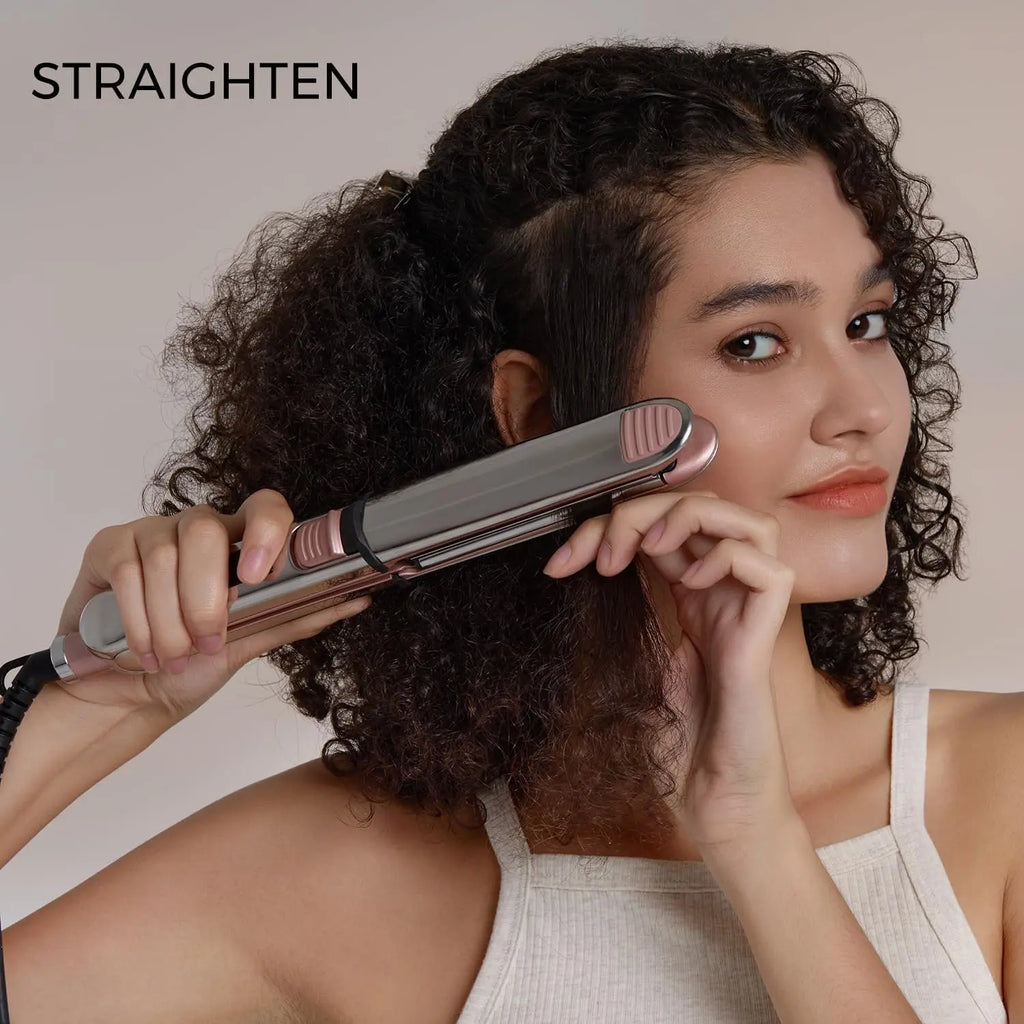2-in-1 Titanium Ionic Flat Iron, Professional Hair Straightener & Curler, Fast Heating, Dual Voltage, Pink