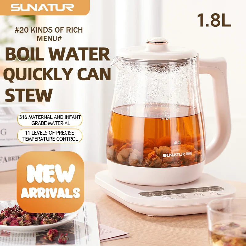 SUNATUR Kettles Electric Glass 220V Multifunction Health Pot Milk Fruit Tea Coffee Water 800W 24-hour Heat Preservation