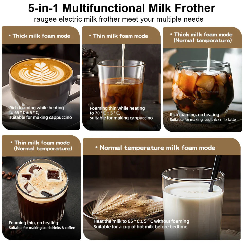 Milk Frother 5in1 Hot & Cold Automatic Rotary Milk Foamer for Coffee Cappuccino Latte Electric Milk Frother Maker Milk Warmer