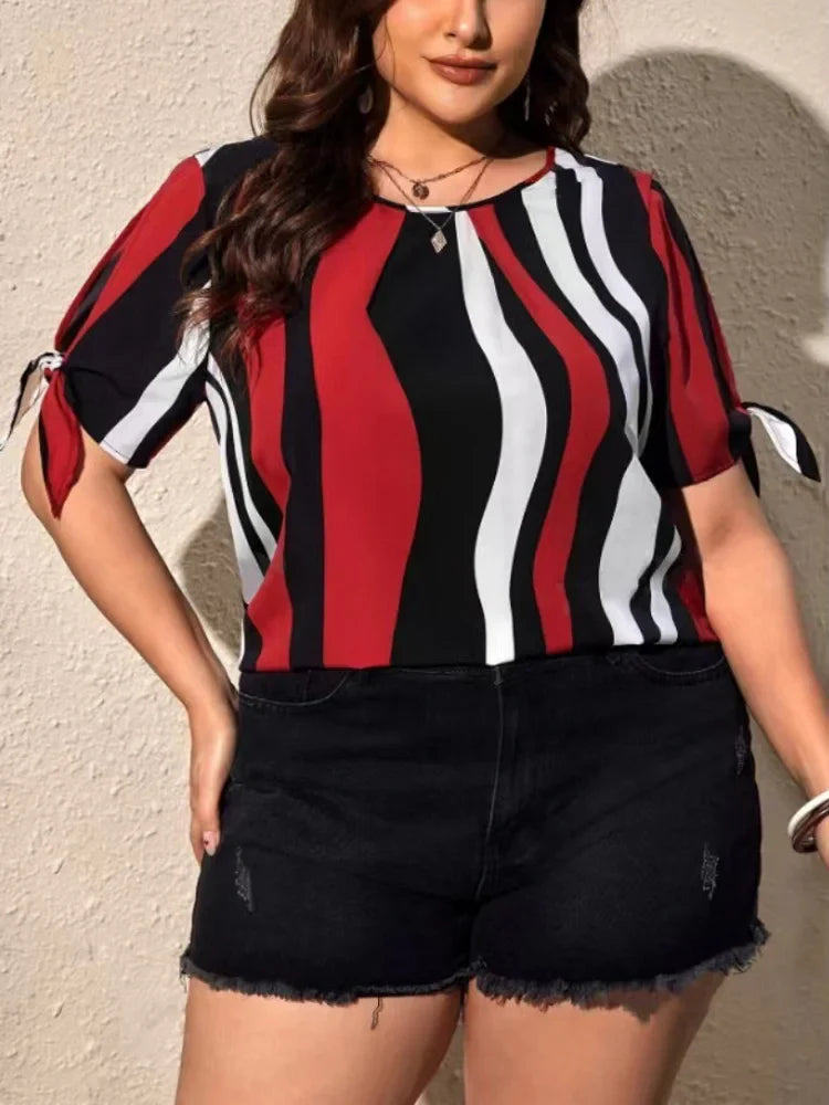 Plus Size Striped Short Sleeve Slit Tie O-Neck Women Blouses