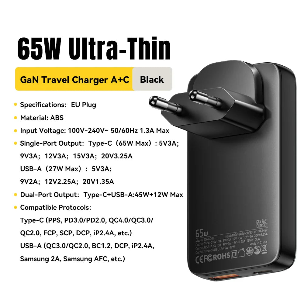 65W GaN Charger Ultra Thin Quick Charge 4.0 PD3.0 PPS Portable USB Type C Charger For Macbook Laptop For iPhone 16 15 14 13