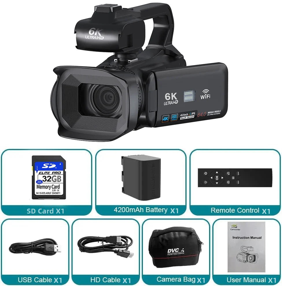 64MP 4K Camcorder 4.0 Inch 270° Rotate Touch Screen 18X 4K UHD Professional Digital Video Camera Youtube Livestream Wifi Webcam
