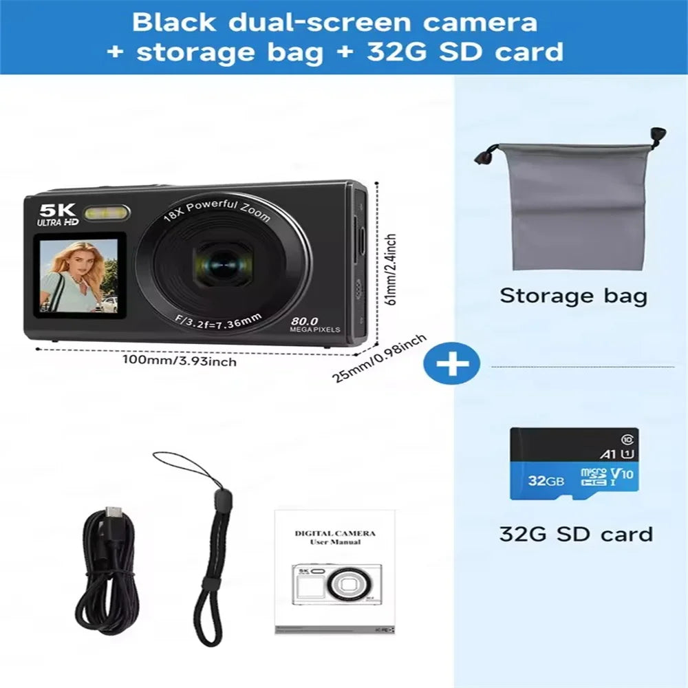 5K Dual Screen Digital Camera 80MP Retro CCD Photographic Cameras 8000W Pixel Auto Focus with 18x Zoom for Kid Adult Photography