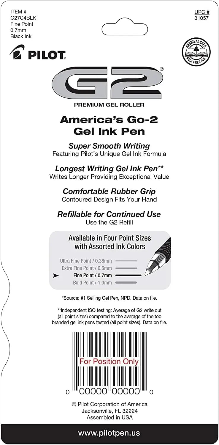 Premium Gel Roller Pens, 0.7mm Fine Point, Smooth Writing Black Ink, Pack of 4