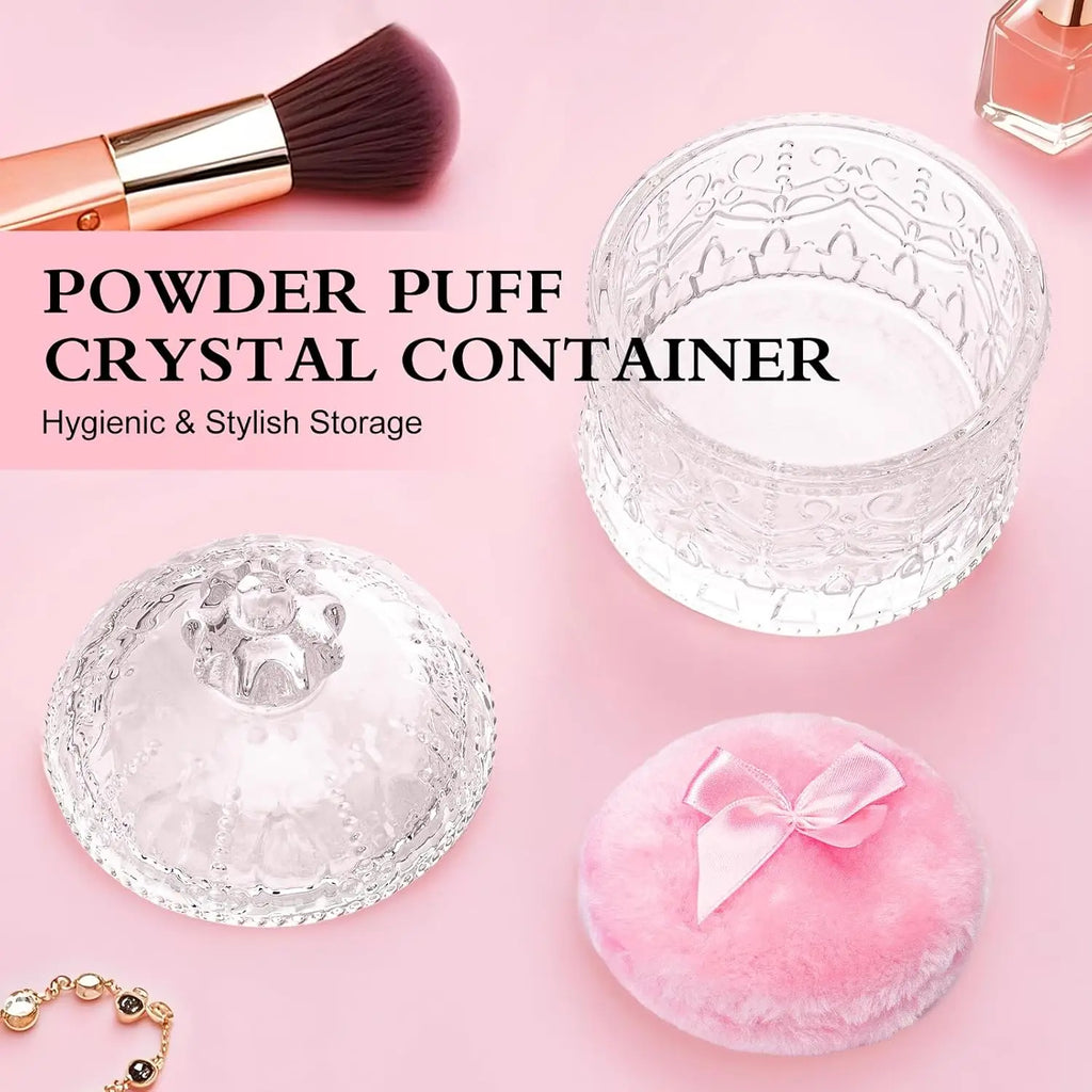 2-Piece Velour Powder Puff Set with Crystal Glass Container, Soft Washable for Face and Body Makeup