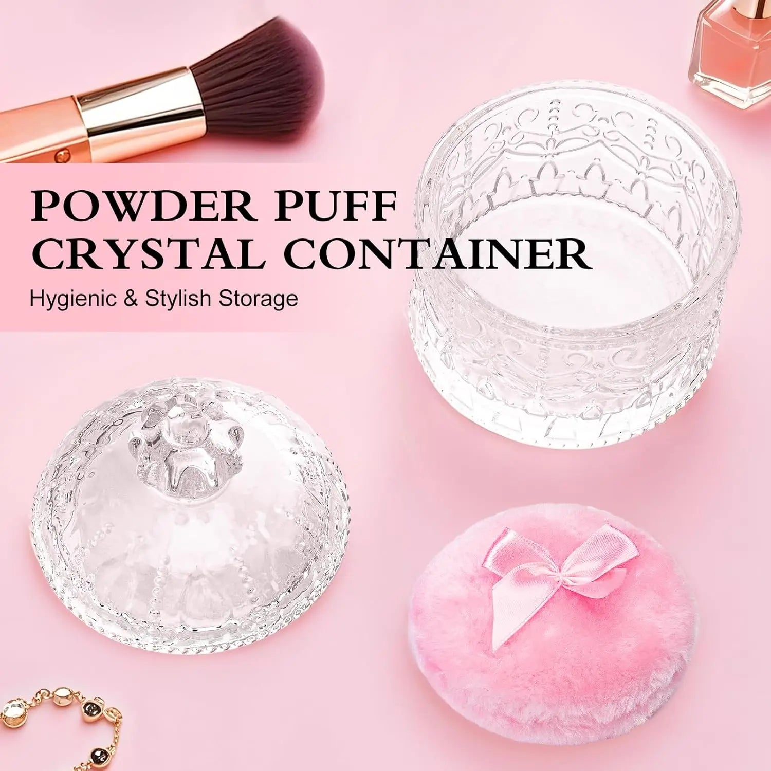 2-Piece Velour Powder Puff Set with Crystal Glass Container, Soft Washable for Face and Body Makeup