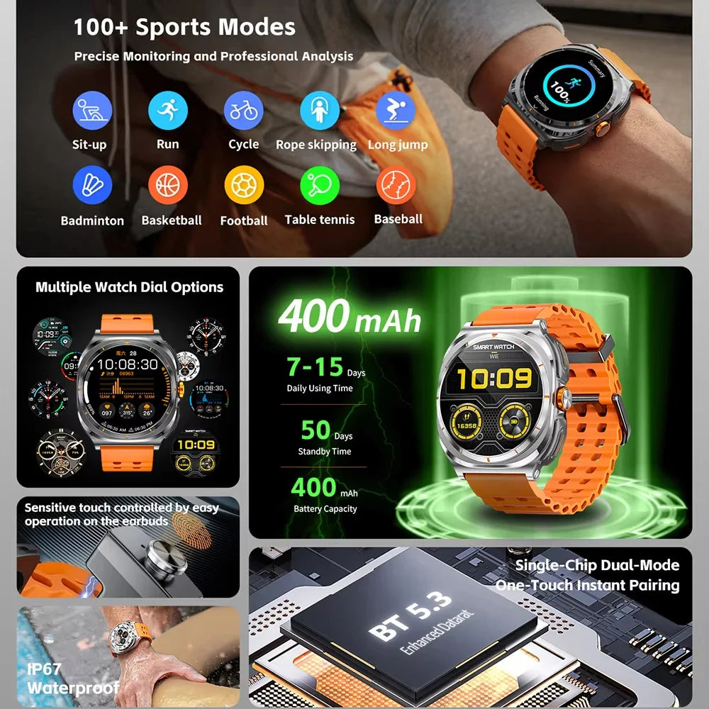 2026 New Upgraded TWS 2 in 1 Men SmartWatch with Headphones Bluetooth Call IP68 Waterproof Outdoor Sport Smartwatch For gift Hot
