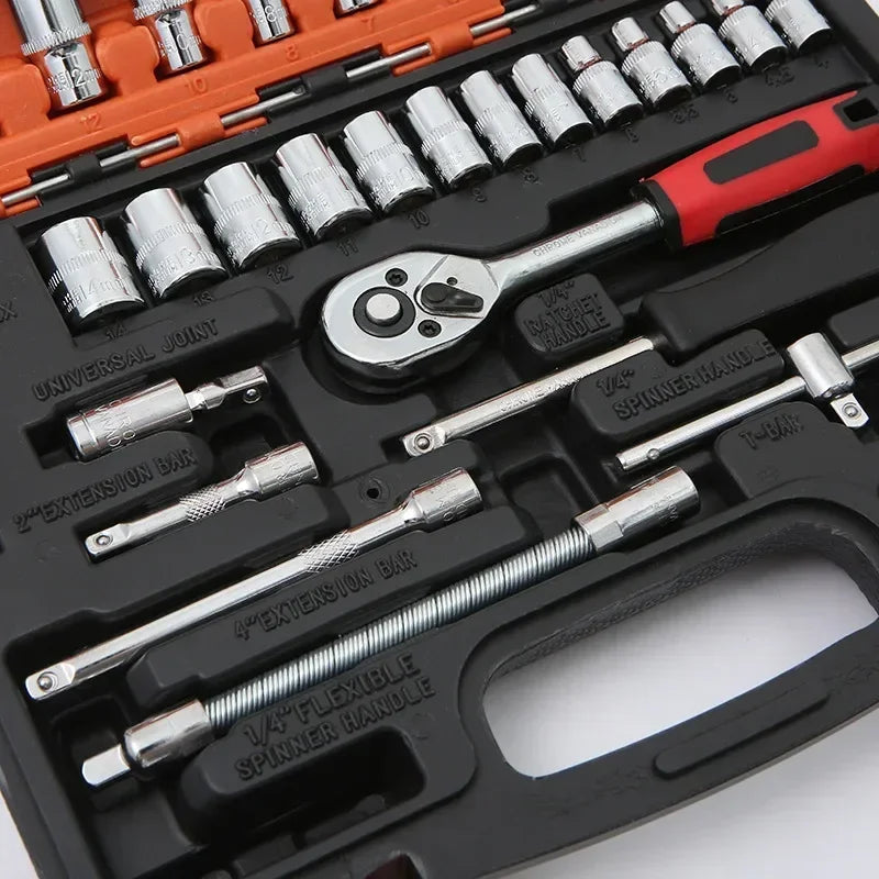Motorcycle 46pcs 1/4 Inch Drive Socket Ratchet Wrench Set Complete Car Repair Kit for Auto and Bicycle Maintenance Tools amagi