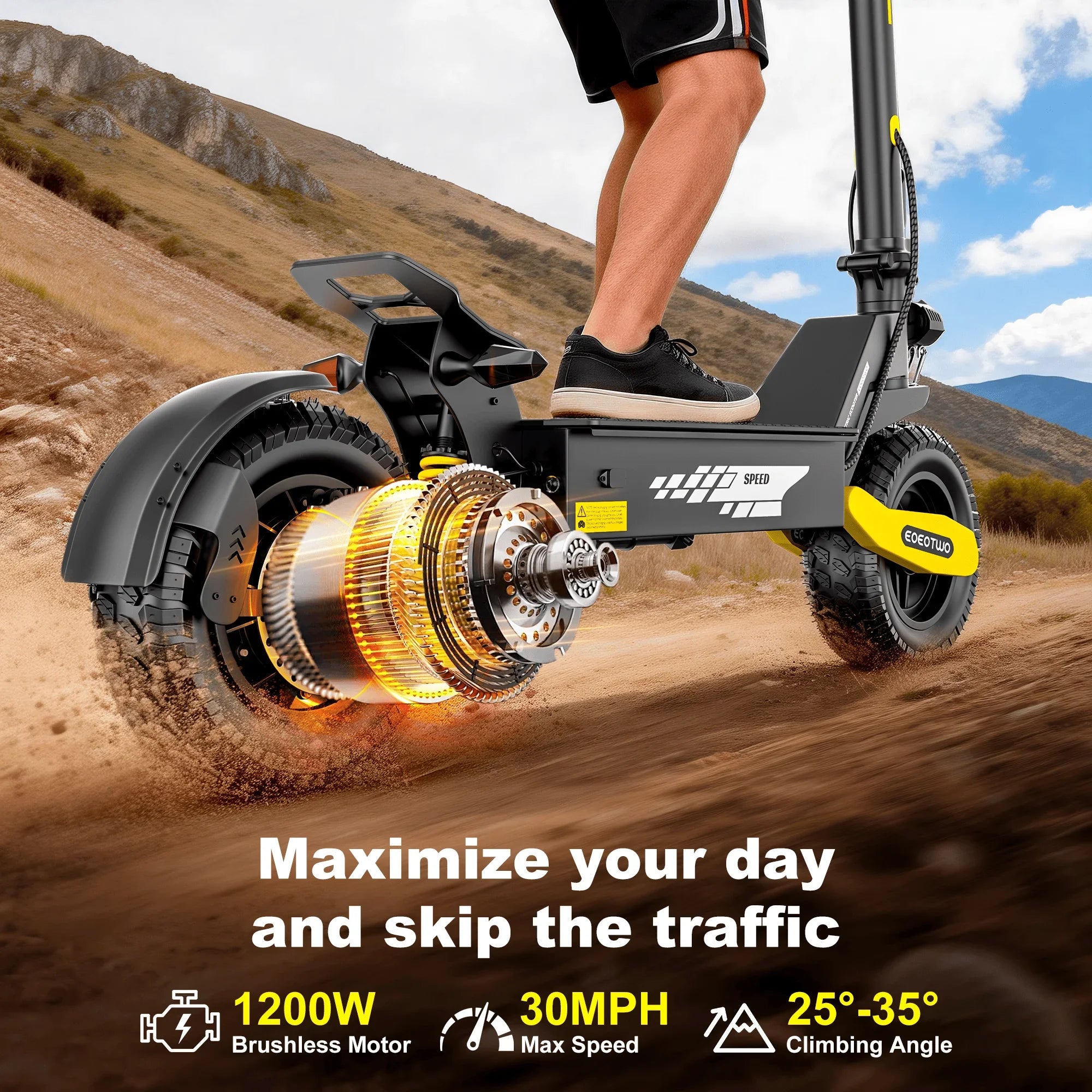 1200W Off Road Electric Scooter for Adults 48V Long Range E-Scooter 30MPH Fast Speed 11" Tubeless Tire Foldable Kick Scooter