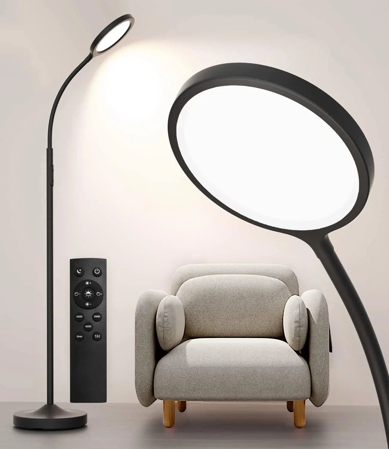 Dimmable LED Floor Lamp with Remote, Adjustable Gooseneck for Living Room Bedroom Office, Black