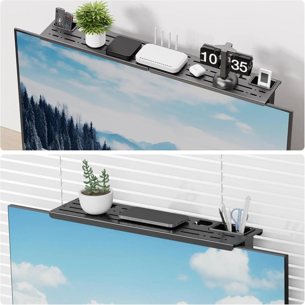 Adjustable TV Screen Top Shelf Computer Monitor Desktop Organizer Storage Rack TV Media Box, Router Shelf with 2 Storage Boxes