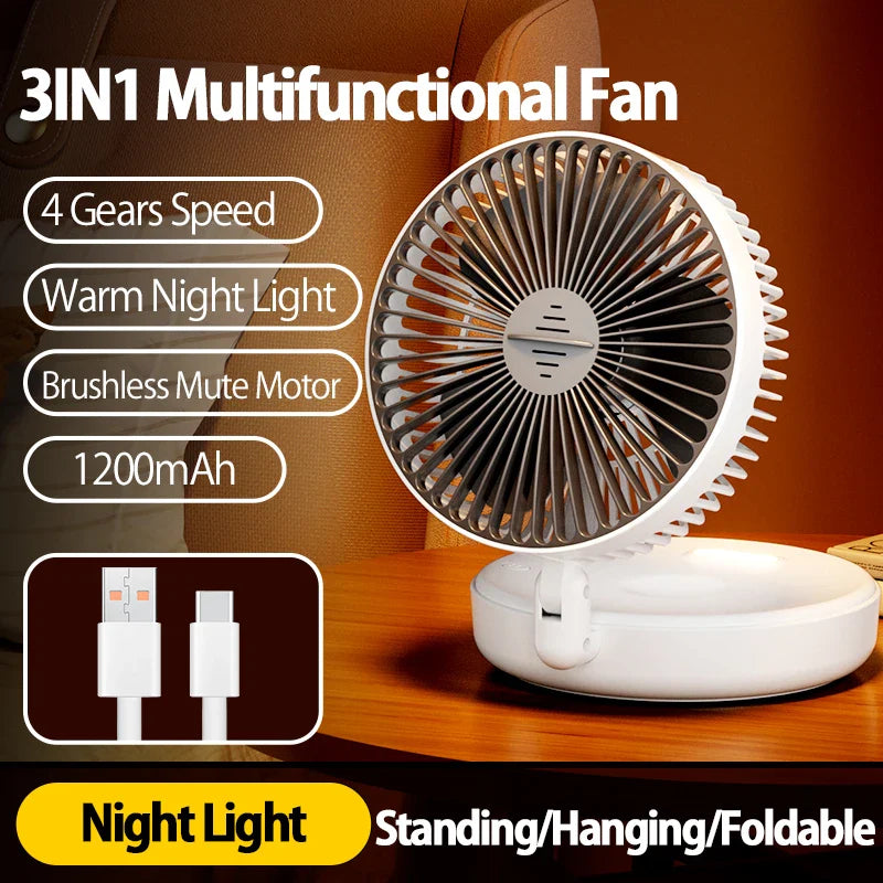 2024 New 5000mAh Rechargeable 3IN1 Multifunctional Portable Fan Wall Mounted Fan 90° Folding Fan 4 Gears With Warm Night Light