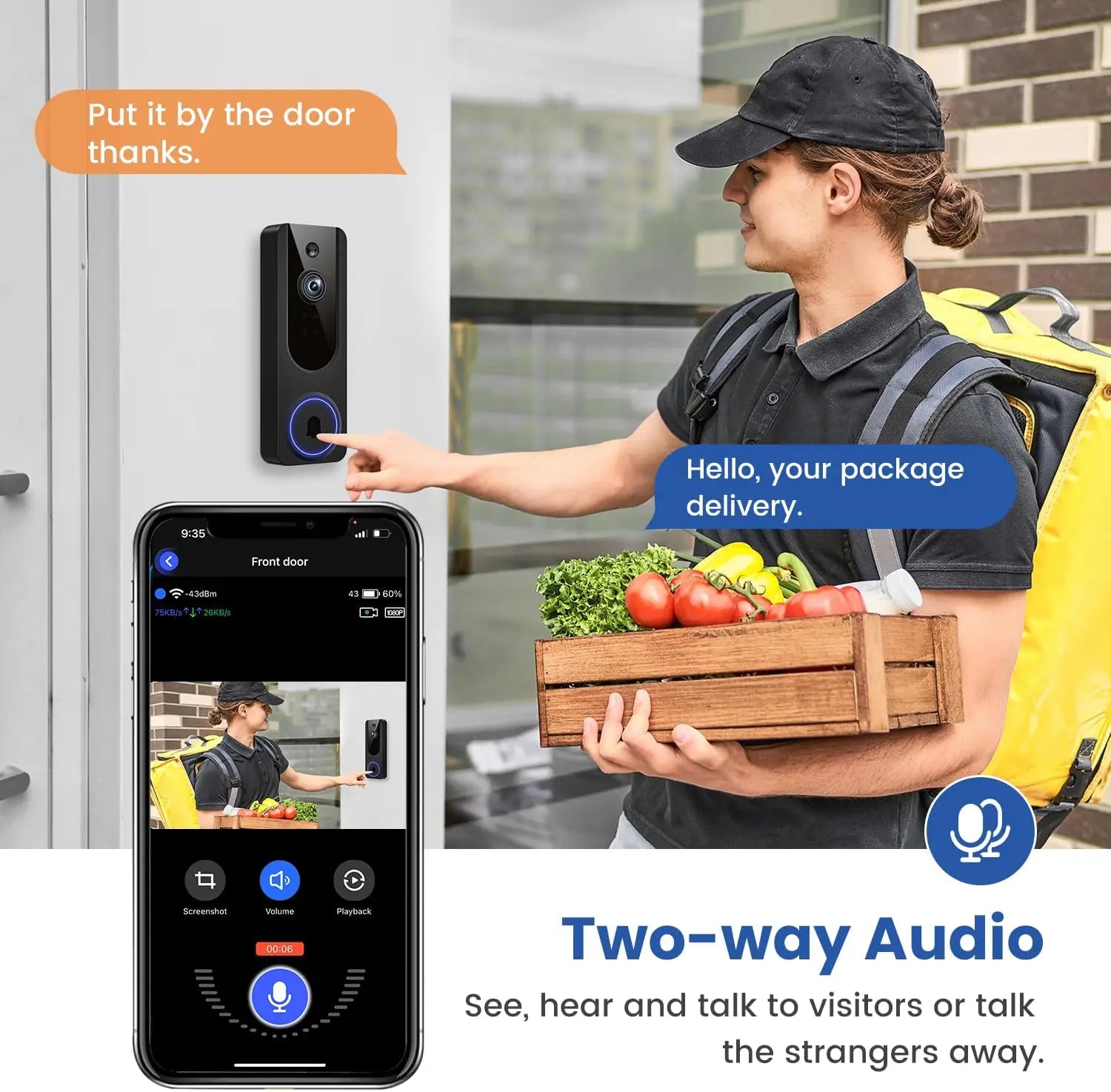 Wireless Video Doorbell with AI Detection, Night Vision, Two-Way Talk, Cloud Storage for Indoor/Outdoor Security