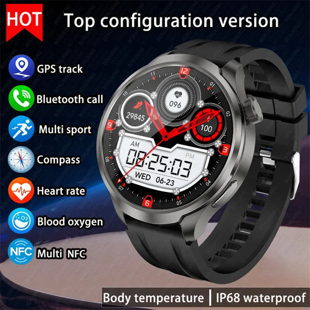 2026 New BOXUXING Outdoor Sports Smart Watch Men AMOLED Screen NFC GPS Compass Heart rate Waterproof Bluetooth Call SmartWatch