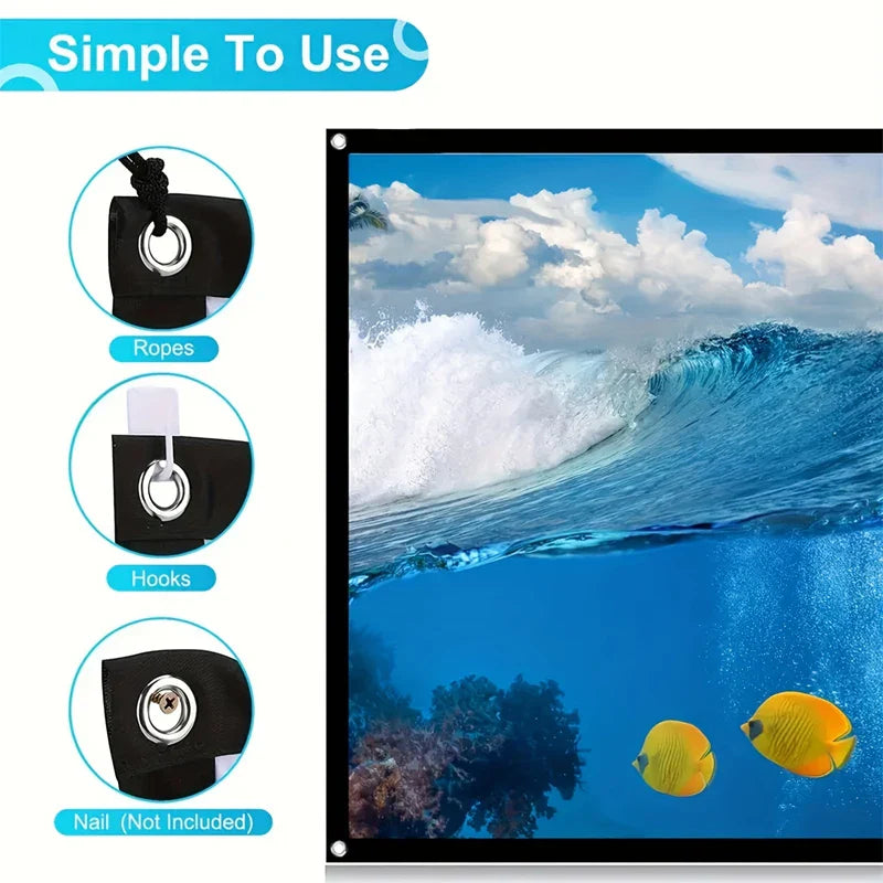 120 inch 16:9 projection screen with rope. Suitable for outdoor projection, the rope is more convenient for fixing the screen.