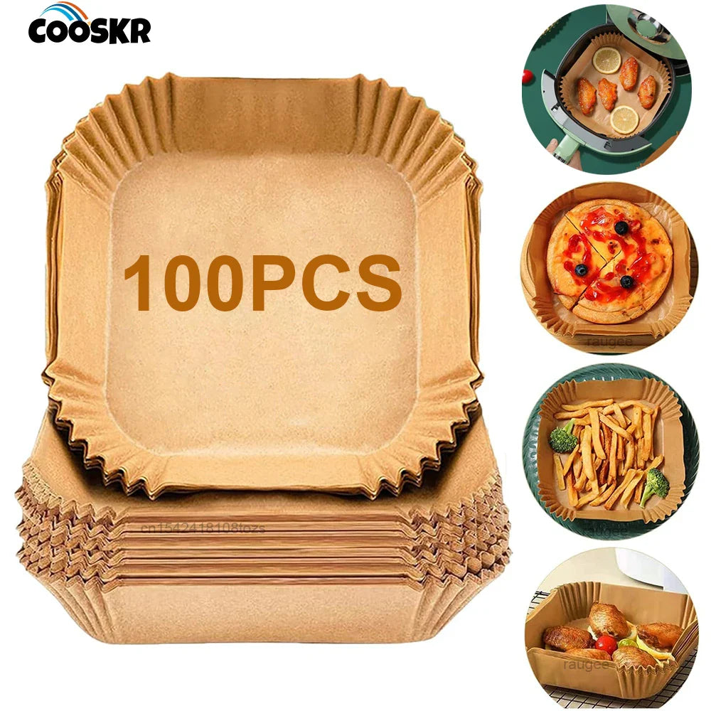 100Pcs Air Fryer Disposable Baking Paper Non-Stick Mat Square Parchment Paper Liners for 3-5L Air Fryer Steamer Baking Microwave