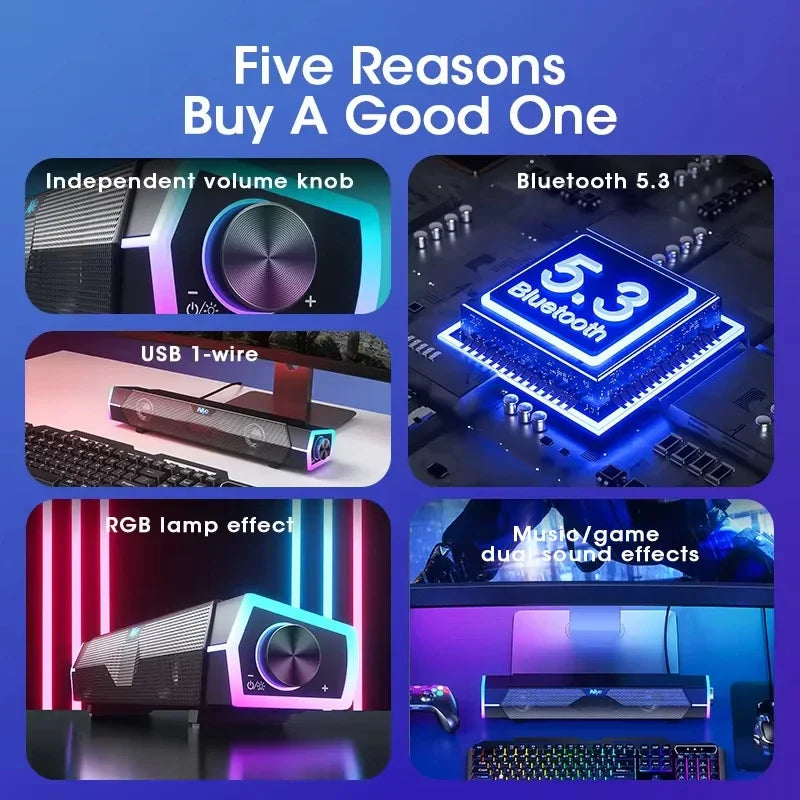 Bluetooth 5.0 and Wired Computer Soundbar Speakers with 4D Surround Sound Stereo and Subwoofer for Laptop PC