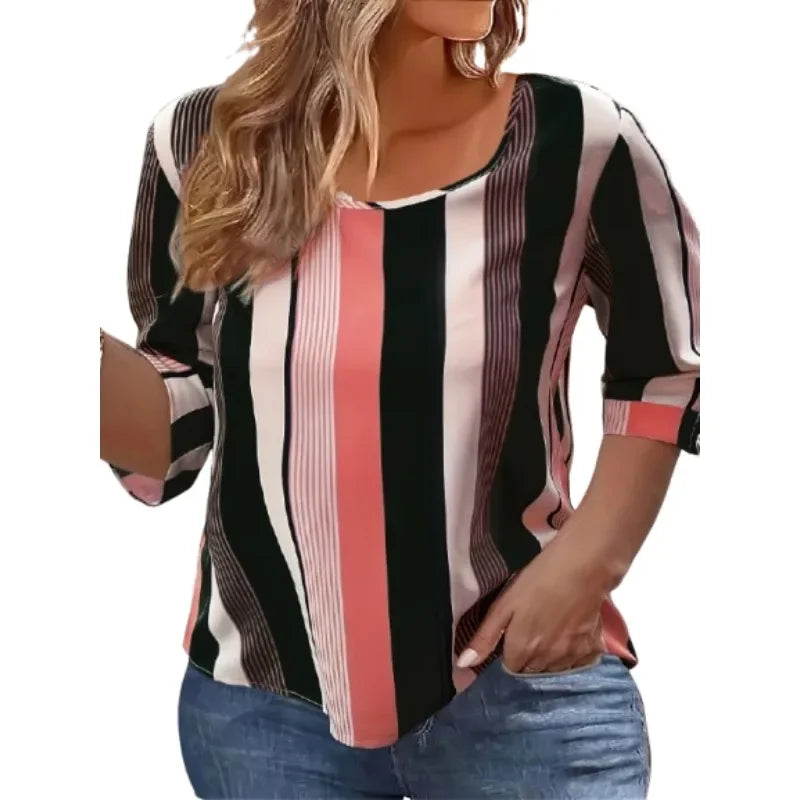 New Casual Striped Printed Round Neck Short Sleeved T-shirt