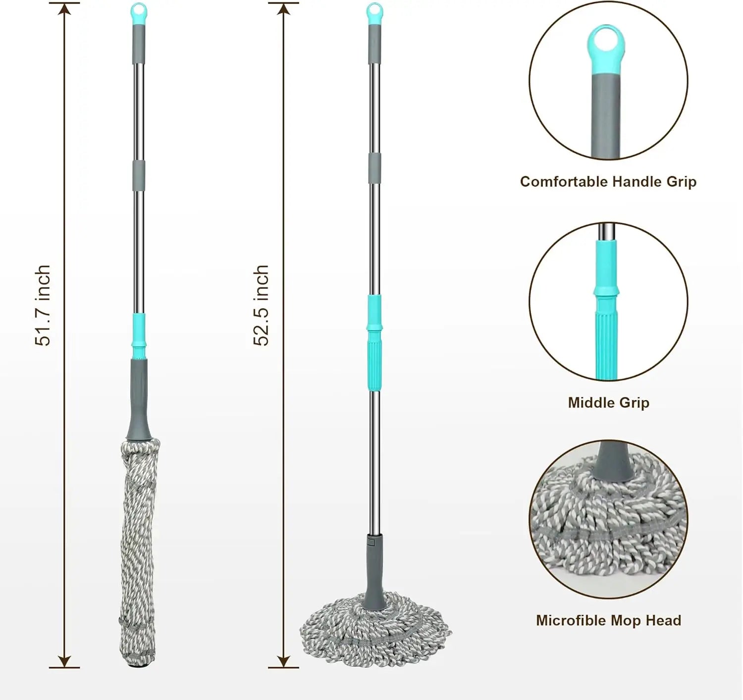 Self-Wringing Twist Mop with 52.5 Inch Handle for Hardwood, Tile & Laminate Floors