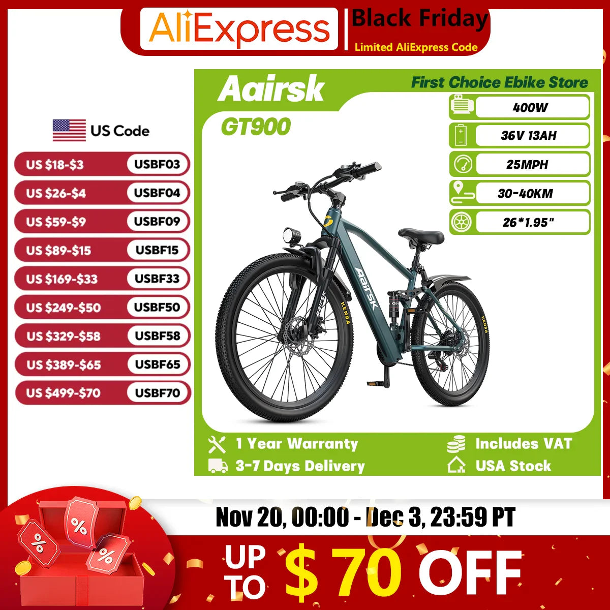 Aairsk GT900 Adult Ebike 400W 36V 13Ah Off-Road Electric Bicycle City Commuting 26*1.95 Inch Tire Dual Suspension Electric Bike