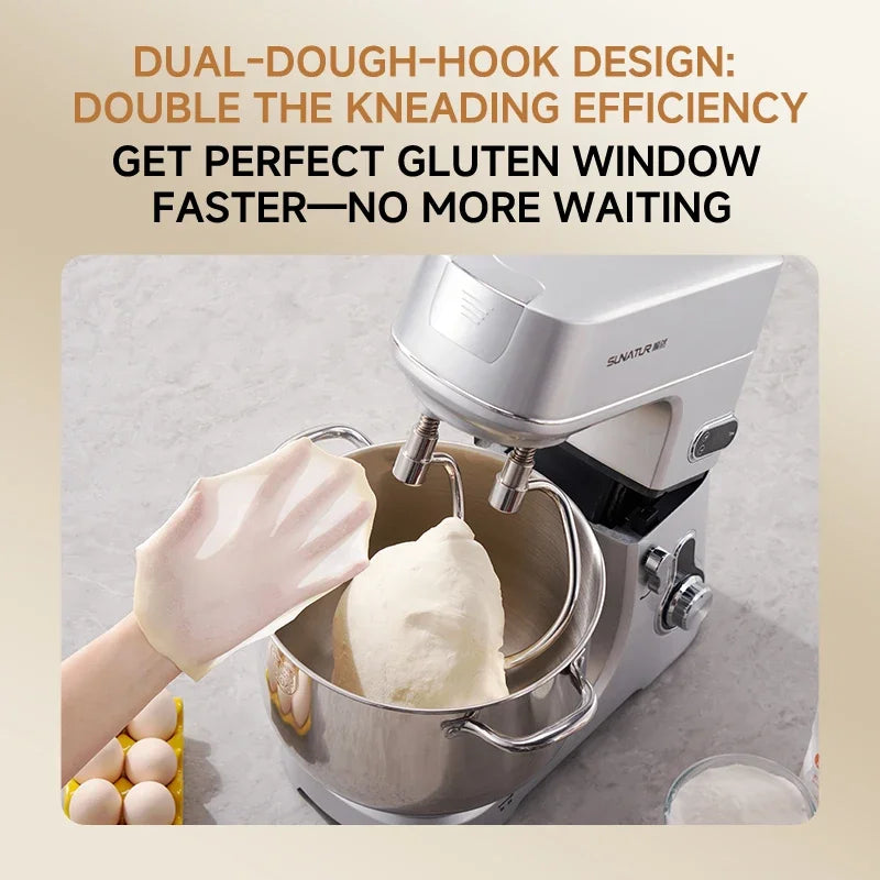 SUNATUR MK-2710DG 10L Stand Mixer, 1000W DC Low-Noise Dough Mixer with Dual 304 Stainless Steel Hooks, 6-Speed Electric Food Mix