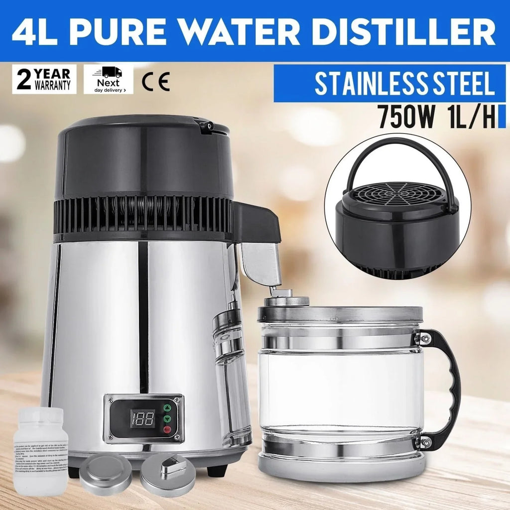 4L Stainless Steel Home Water Distiller - Automatic Dental Distilled Water Machine for Household, Lab, Clinic - BPA Free, 304 St
