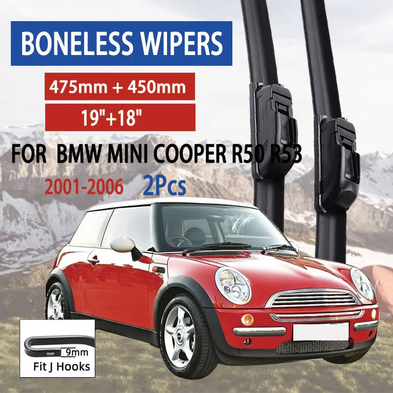 For BMW MINI Cooper R50 R53 2001-2006 Car Front Wiper U-Shape Soft Rubber Boneless Wiper HD Silent Durable Wiper 19"+18"